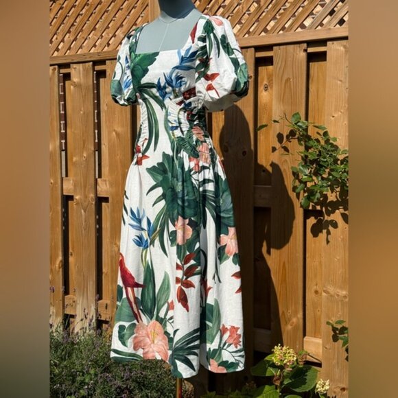 🆕 FARM Rio 🧿 NWOT Midnight Macaw Fiesta Linen Puff-Sleeve Midi Dress, Sz XXS - Picture 3 of 16